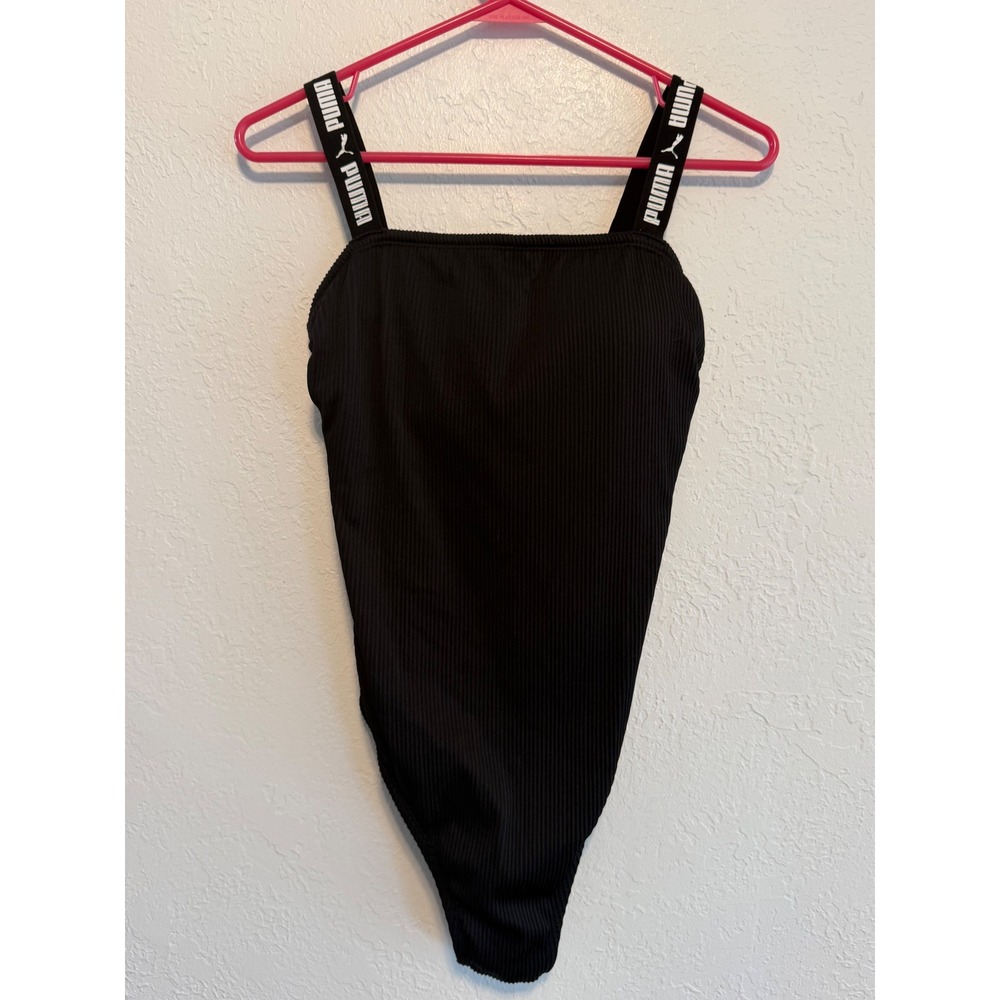 Puma Womens Ribbed Bodysuit Black Logo Swimsuit Square Neck Large 152810-SP26